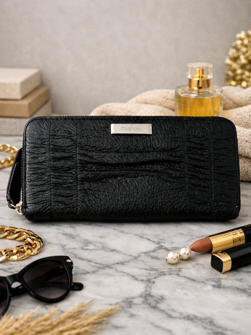 Cole Haan Black Leather Zip Around Wallet – Textured Leather – Women's Organizer